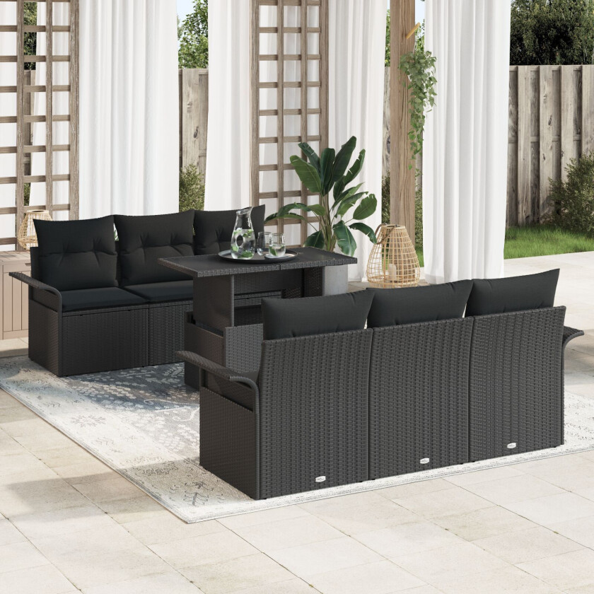 7 Delt Hagesofa Set Med Puter Svart Poly Rattan