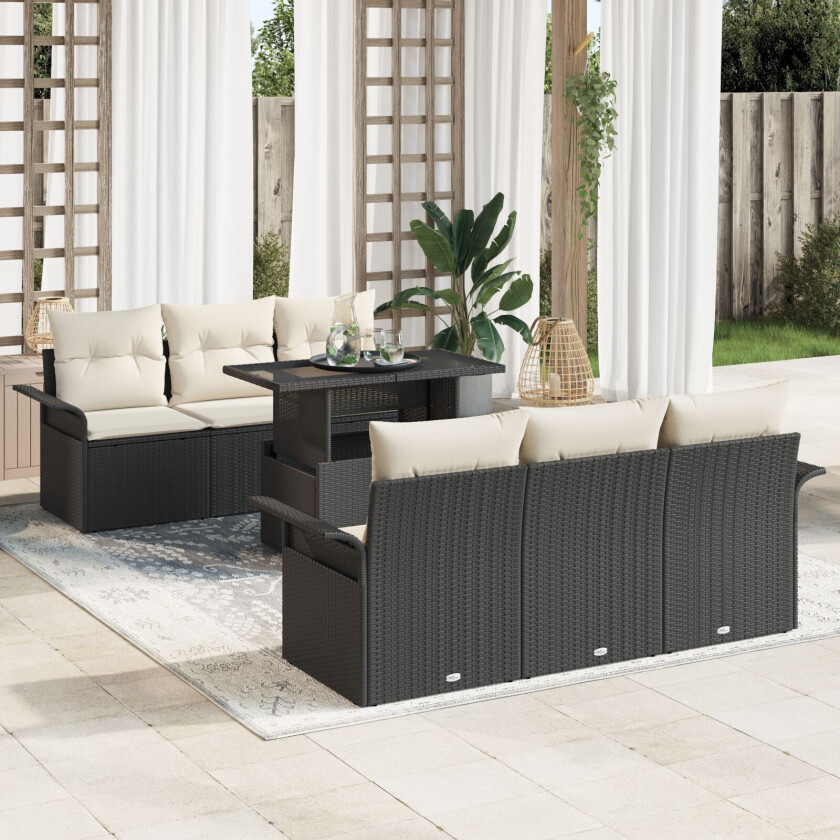 7 Delers Hage Sofa Set med Puter Svart Poly Rattan, 2-Seters Hage Sofa med Oppbevaring & Puter Svart Poly Rattan