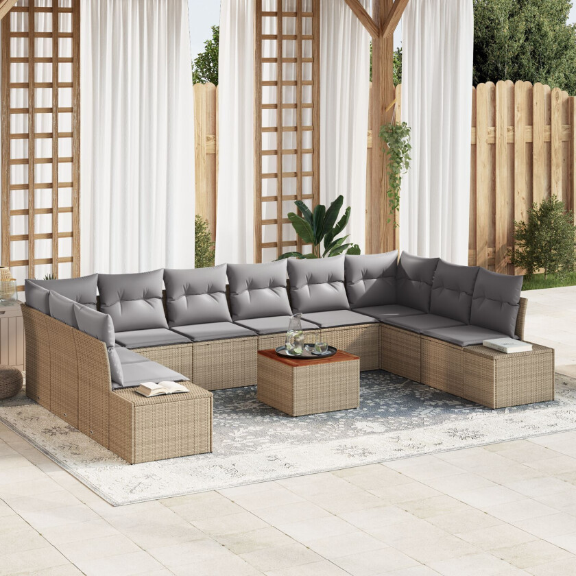 11 Delt Hage Sofa Sett med Puter Beige Poly Rattan Acacia