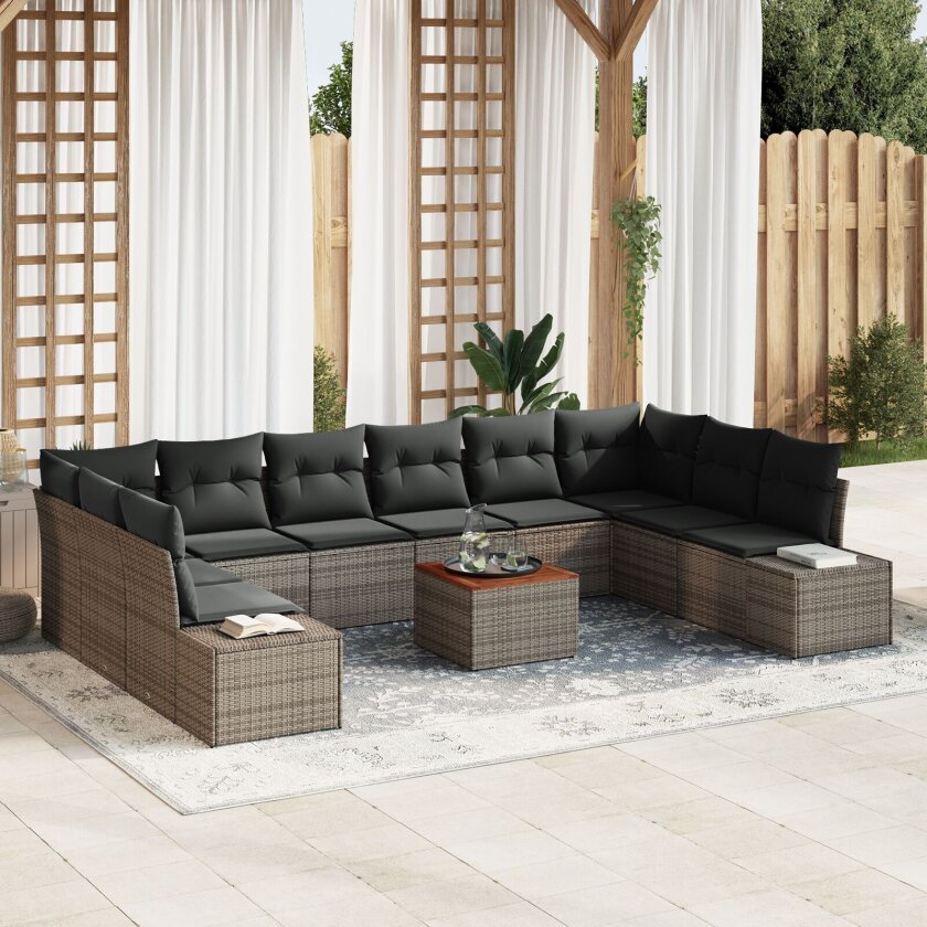 11 Delt Hage Sofa Sett med Puter Grå Poly Rattan Akacia