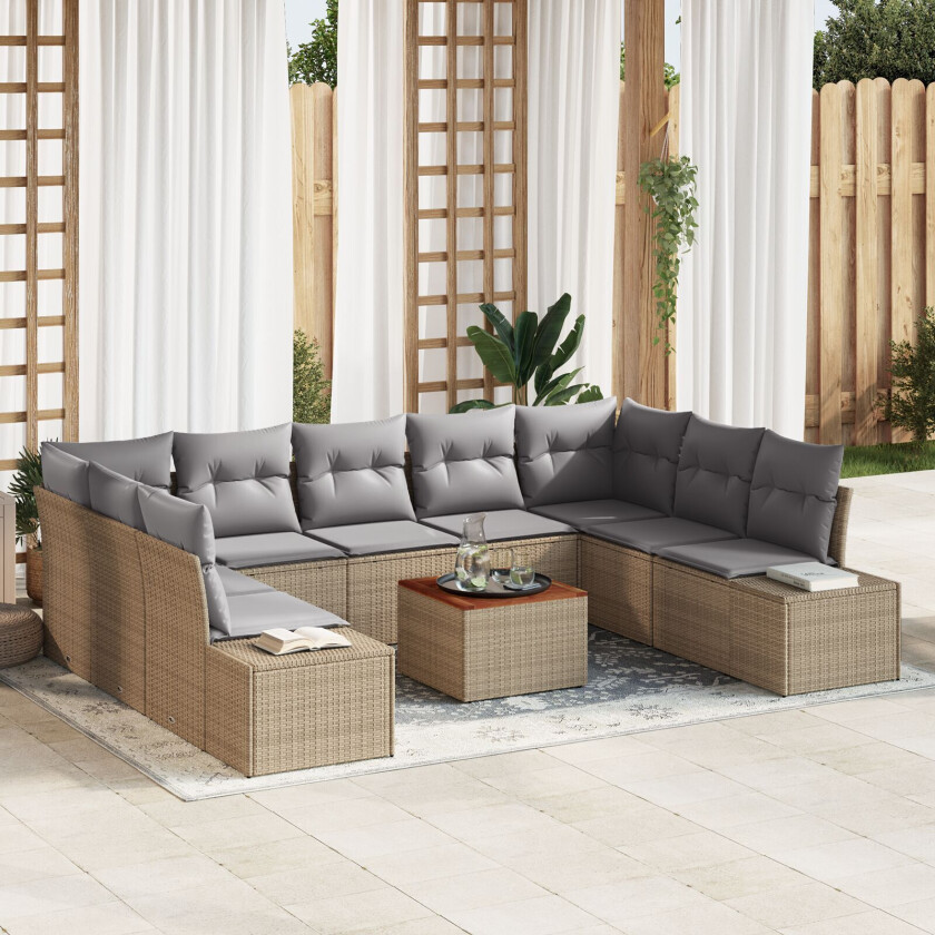 10-delt Hagesofa-sett med puter Beige Poly Rattan Akacia