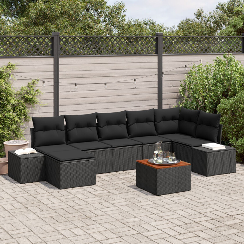 8 Deler Hagesofa Set med Puter Svart Poly Rattan Akacia