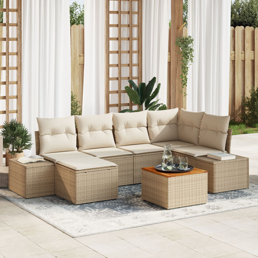 7 Delt Hage Sofa Set med Puter Beige Poly Rattan Akacia