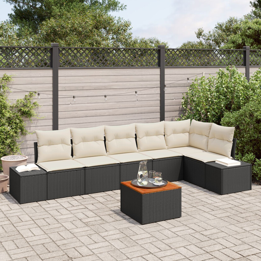 7 Delt Hagesofa Set Med Puter Svart Poly Rattan Akasie