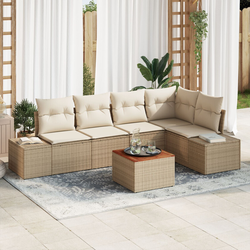 6-delers Hagesofa Set med Puter Beige Poly Rattan Akasie