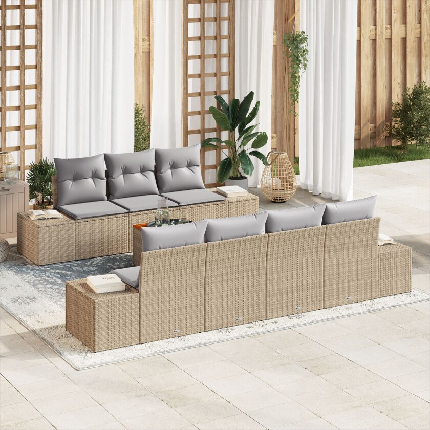 8-delers hagesofa sett med puter beige poly rattan akacia