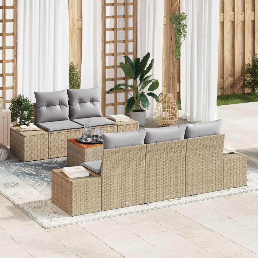 6 Delers Hagesofa Set Med Puter Beige Poly Rattan Akasie