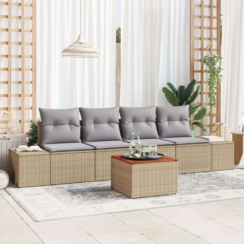 5-delt Hagesofa Set med Puter Beige Poly Rattan Akacia
