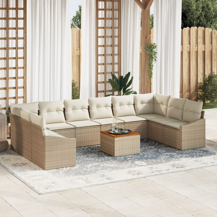 11 Delt Hage Sofa Sett Med Puter Beige Poly Rattan Akasie