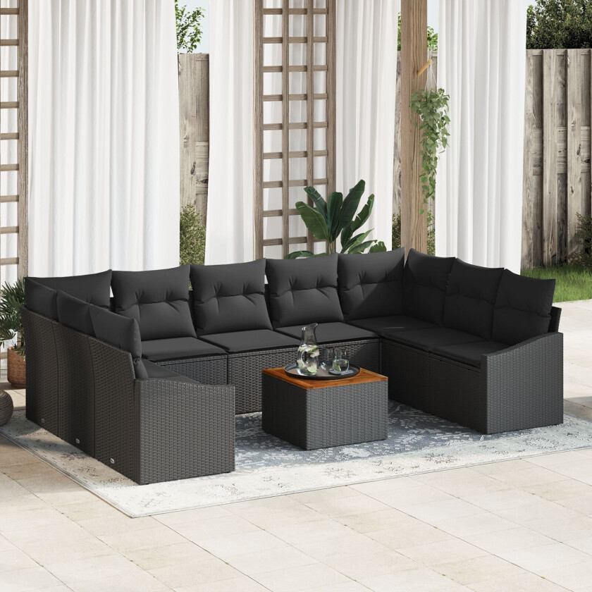 10-delt Hage Sofa Set med Puter Svart Poly Rottings Akasie