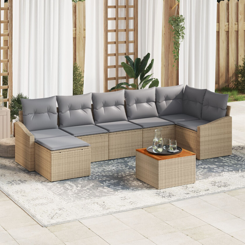 8-delers Hagesofa Set med puter Beige Poly Rattan Akasie