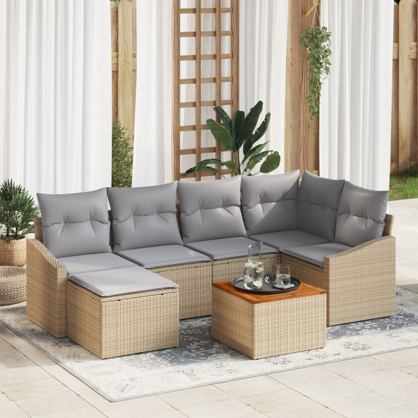 7 Delers Hagesofa-sett med Puter Beige Poly Rott Acacia