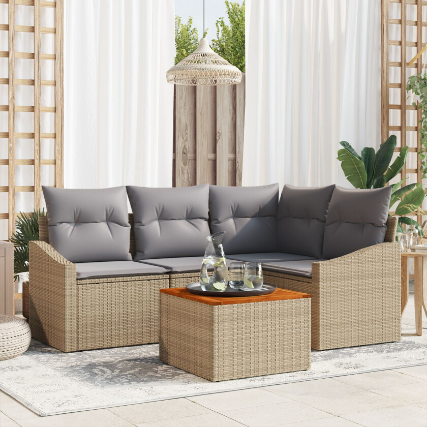 5 Delt Hagesofa Sett med Puter Beige Poly Rotting Akacia