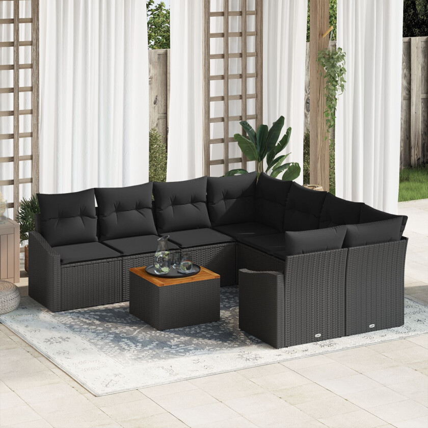 9 Delt Hagesofa Set Med Puter Svart Poly Rattan Akacia
