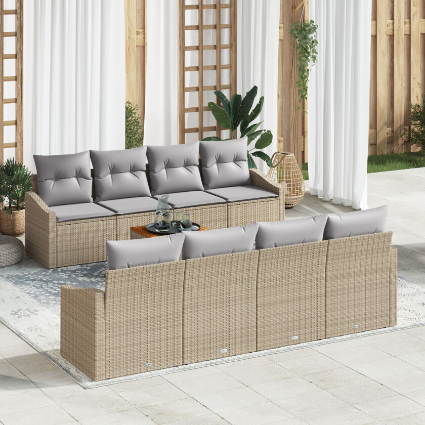 7 Delt Hage Sofa Sett med Puter Beige Poly Rattan Akacia