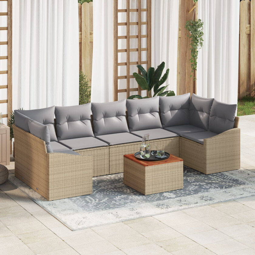 8 Deler Hage Sofa Sett med Puter Beige Poly Rattan Akasia