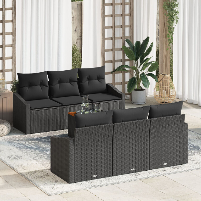 7 Delt Hage Sofa Set med Puter Svart Poly Rattan Akacia