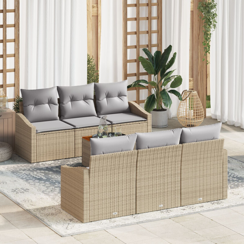 7 Dels Hagesofa Set med Puter Beige Poly Rattan Akacia