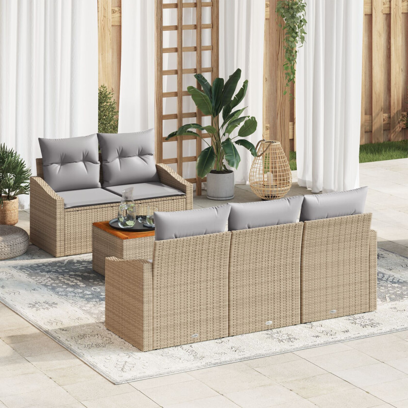 6-delt Hagesofa Set med Puter Beige Poly Rottings Akasie