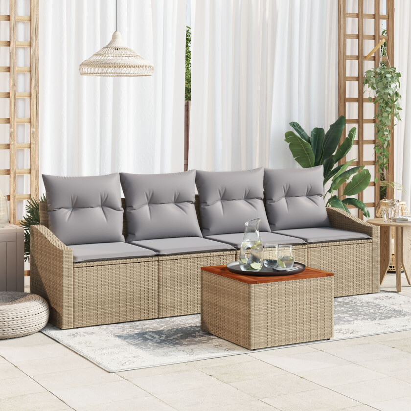 5-delt hage sofa sett med puter Beige Poly Rattan Akacia
