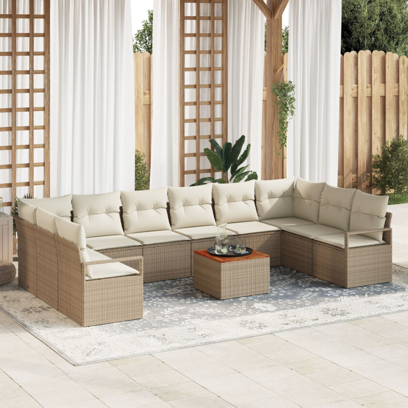 11-delt hagesofa-sett med puter Beige Poly Rattan Akasie, 2-seters hagesofa med oppbevaring & puter Beige Poly Rattan