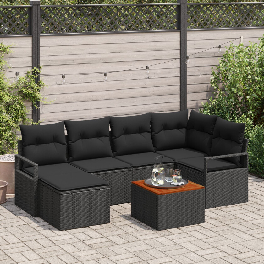 7 Deler Hage Sofa Set med Puter Svart Poly Rattan Acacia, 2-seters Hage Sofa med Oppbevaring & Puter Svart Poly Rattan