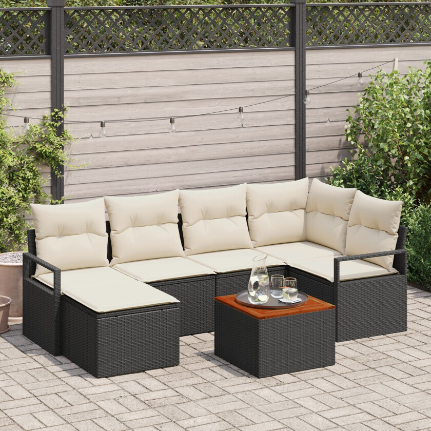 7-delt Hage Sofa Sett med Puter Svart Poly Rattan Akacia, 2-seters Hage Sofa med Oppbevaring & Puter Svart Poly Rattan