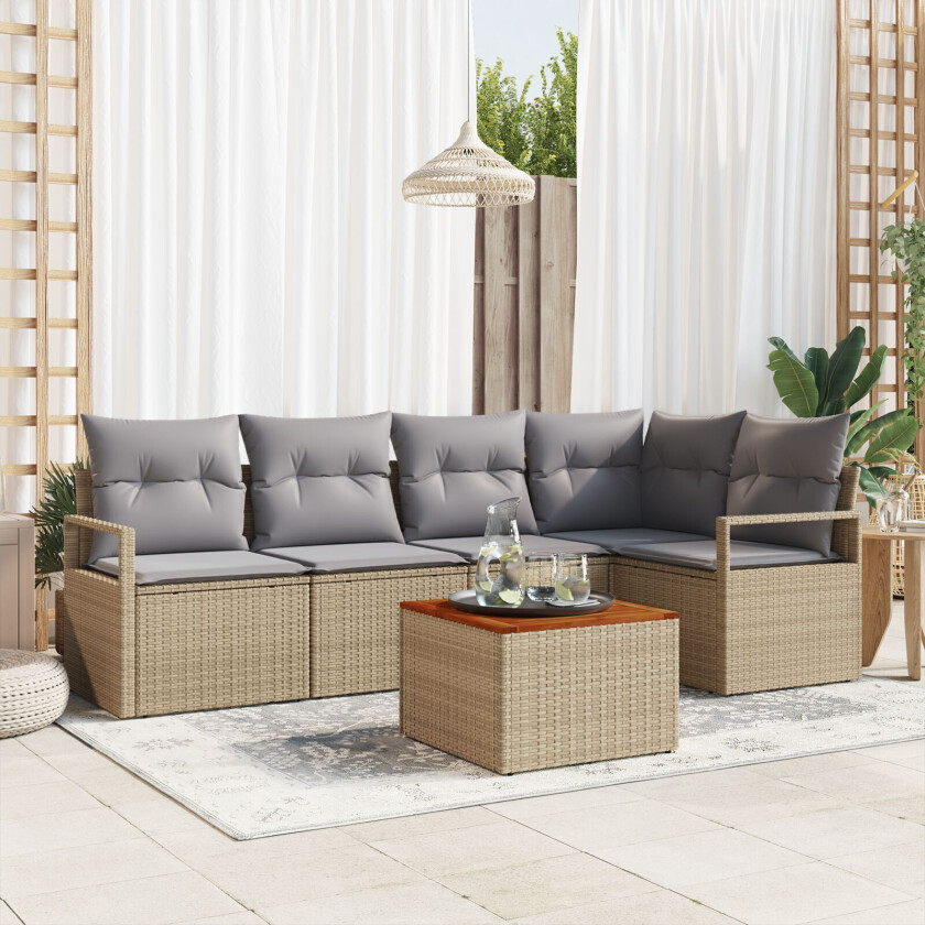 6-delt hage sofa sett med puter Beige Poly rotting Akacia, 2-seter hage sofa med puter Beige Poly rotting