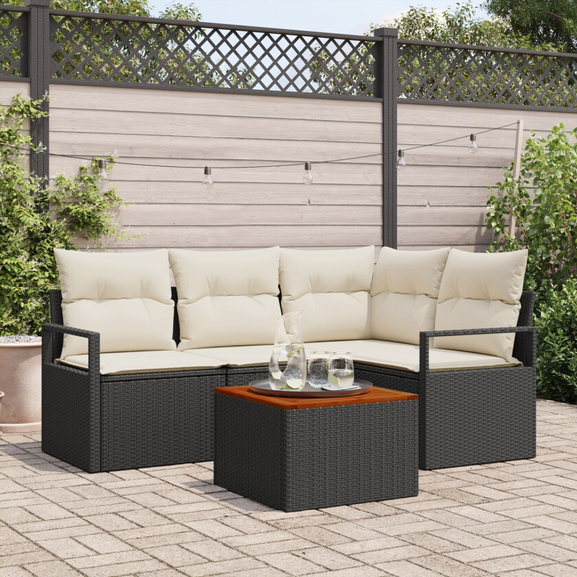 5-Delt Hage Sofa Set med Puter Svart Poly Rattan Akacia, 2-seter Hage Sofa med Oppbevaring & Puter Svart Poly Rattan