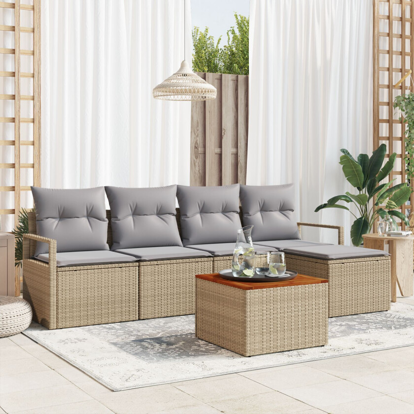 6-delt hagesofa sett med puter Beige Poly Rattan Akasietre, 2-seters hagesofa med puter Beige Poly Rattan