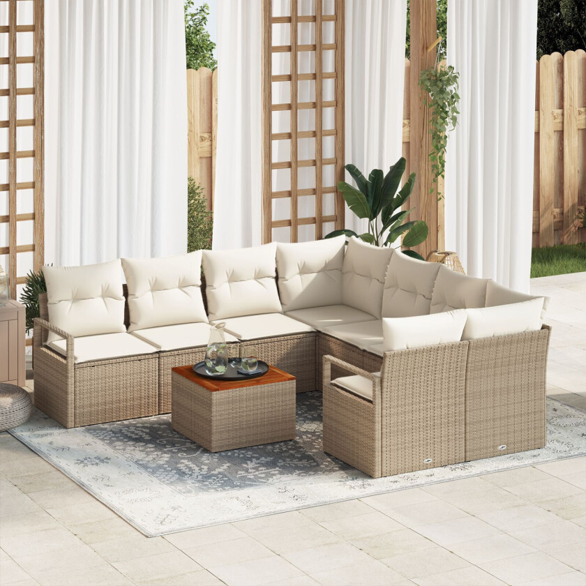 9 Delers Hagesofa Set Med Puter Beige Poly Rattan Akasie, 2-seters Hagesofa Med Puter Beige Poly Rattan