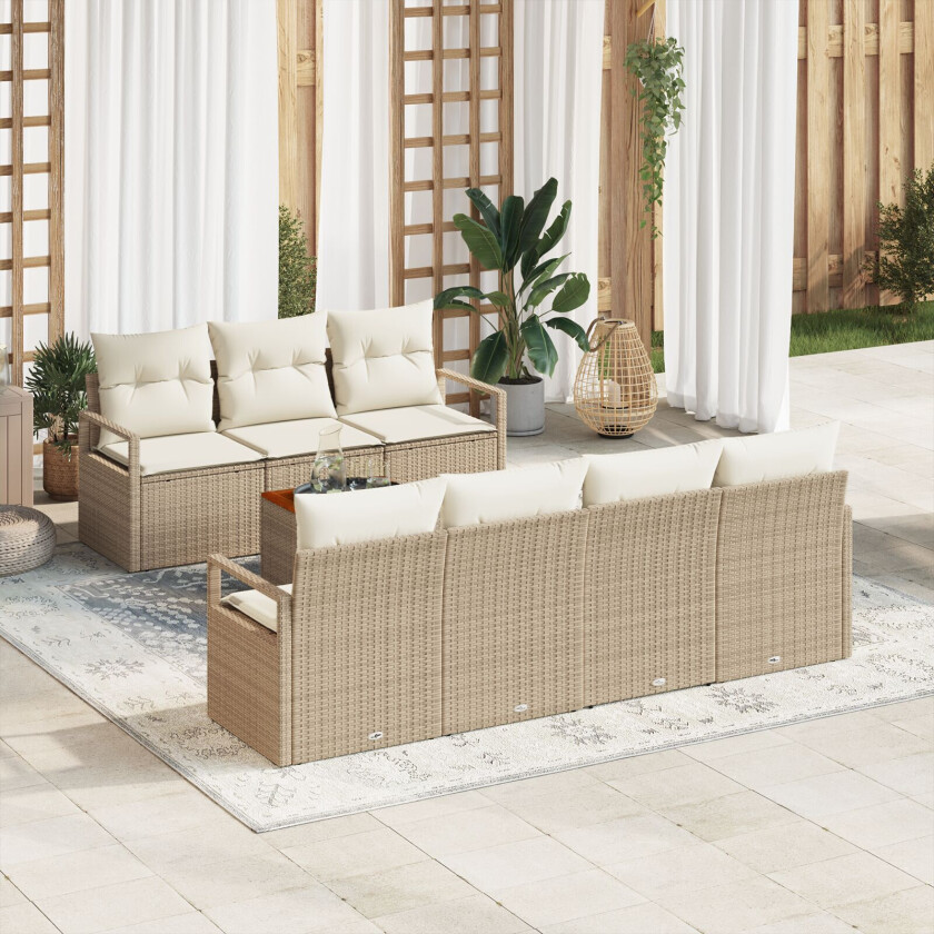 8-delt Hagemøbelsett med Puter Beige Poly Rattan Acacia, 2-seters Hagesofa med Oppbevaring & Puter Beige Poly Rattan