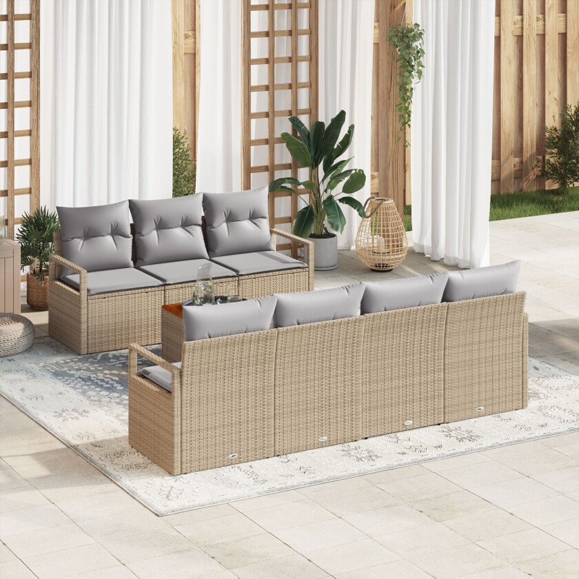 8 Delers Hage Sofa Set med Puter Beige Poly Rattan Acacia, 2-seters Hage Sofa med Puter Beige Poly Rattan