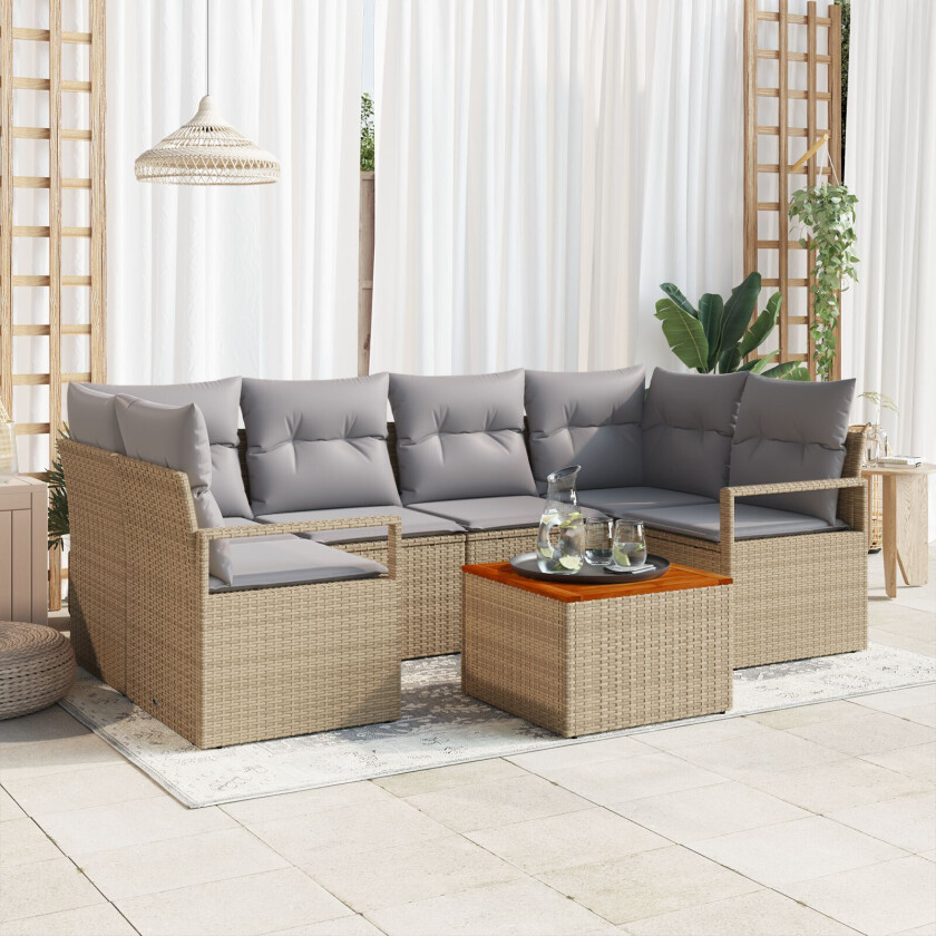 7-delt Hage Sofa Set med Puter Beige Poly Rattan Akacia, 2-seters Hage Sofa med Puter Beige Poly Rattan