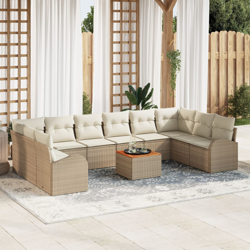 11-bits Hage Sofa Sett med Puter Beige Poly Rattan Akasie, 2-seters Hage Sofa med Oppbevaring & Puter Beige Poly Rattan