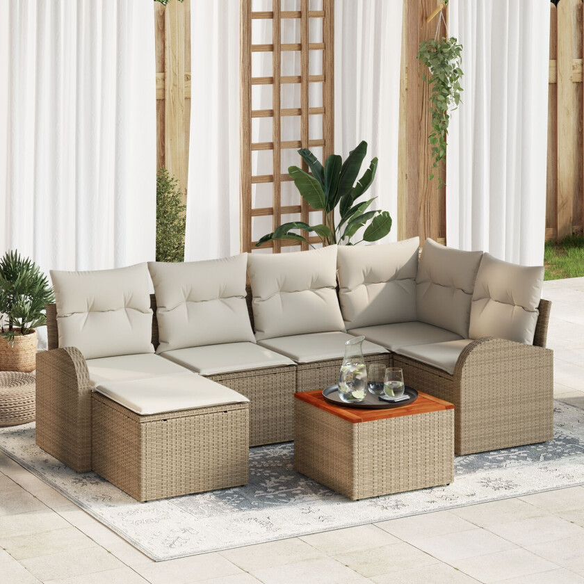 7-delt hagesofa-sett med puter i beige poly rattan akasia, 2-seters hagesofa med oppbevaring og puter i beige poly rattan