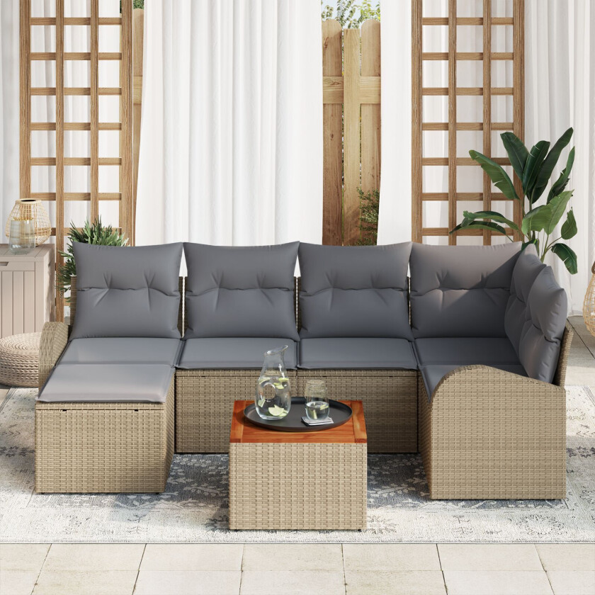 7-delt Hagesofa Sett med Puter Beige Poly Rattan Akacia, 2-seters Hagesofa med Oppbevaring & Puter Beige Poly Rattan