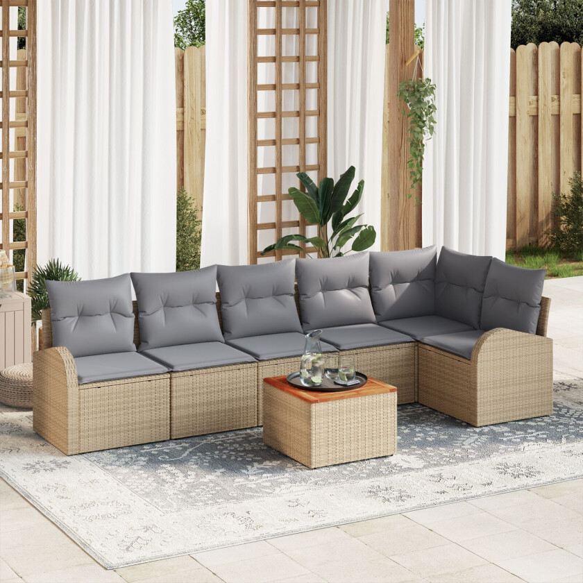 7 Delt Hage Sofa Set med Puter Beige Poly Rattan Akasietre, 2-seter Hage Sofa med Oppbevaring & Puter Beige Poly Rattan