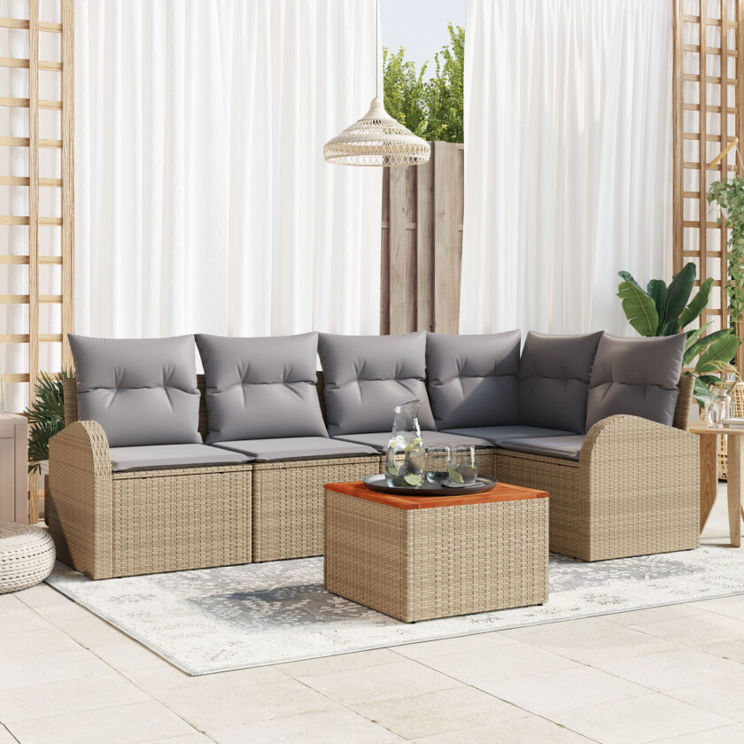 6-delt hagesofa-sett med puter beige poly rotting akacia, 2-seters hagesofa med oppbevaring & puter beige poly rotting
