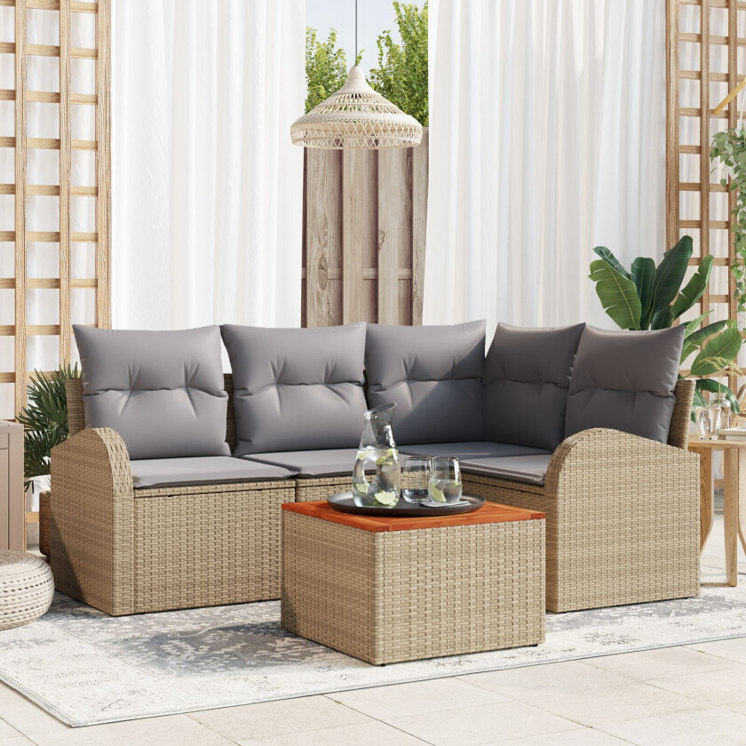 5 Delers Hage Sofa Set med Puter Beige Poly Rattan Akasie, 2-seters Hage Sofa med Oppbevaring & Puter Beige Poly Rattan