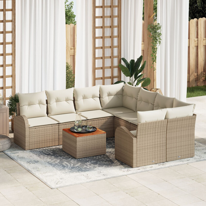 9 deler hagesofa-sett med puter beige poly rattan akacia, 2-seters hagesofa med oppbevaring og puter beige poly rattan