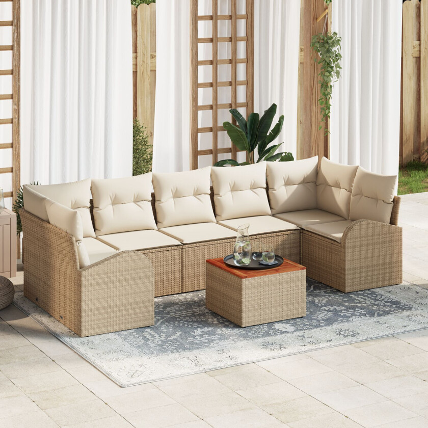 8-delt hagesofa sett med puter beige poly rattan akasie, 2-seters hagesofa med lagring og puter beige poly rattan