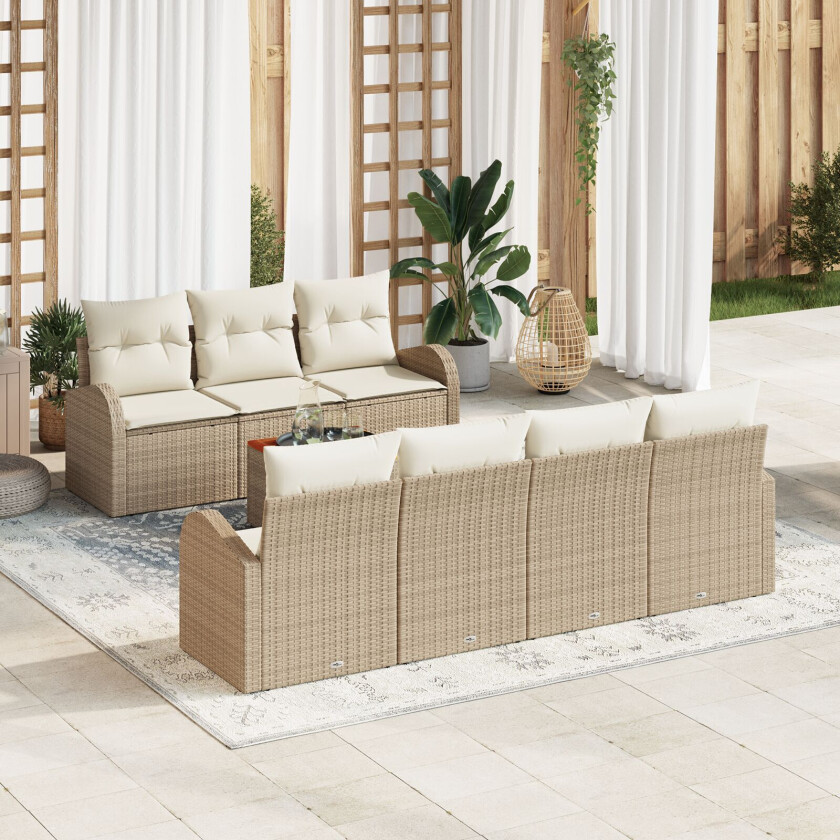 8 Delers Hagemøbel-sofa-sett med Puter Beige Poly Rattan Akacia, 2-seters Hagesofa med Oppbevaring & Puter Beige Poly Rattan