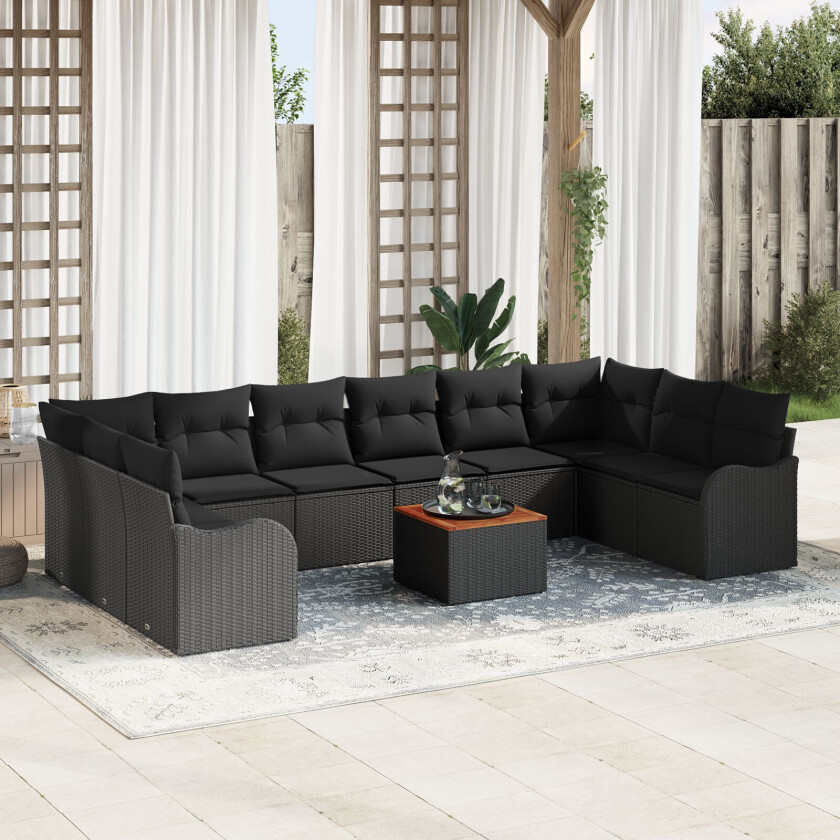 11-delt Hagesofa Set med Puter Svart Poly Rattan Akasie, 2-seters Hagesofa med Oppbevaring & Puter Svart Poly Rattan
