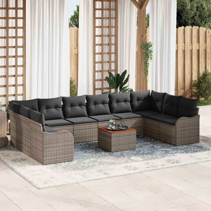 11 Delt Hage Sofa Set Med Puter Grå Poly Rattan Akasie, 2-seters Hage Sofa Med Oppbevaring & Puter Grå Poly Rattan