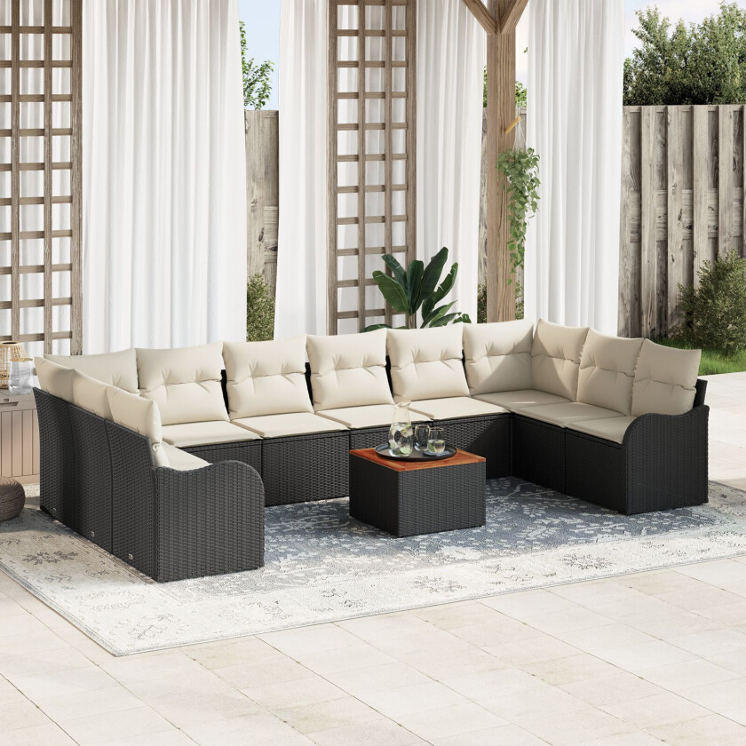 11-delt Hagesofa Set med Puter Svart Poly Rattan Akacia, 2-seters Hagesofa med Lagring & Puter Svart Poly Rattan