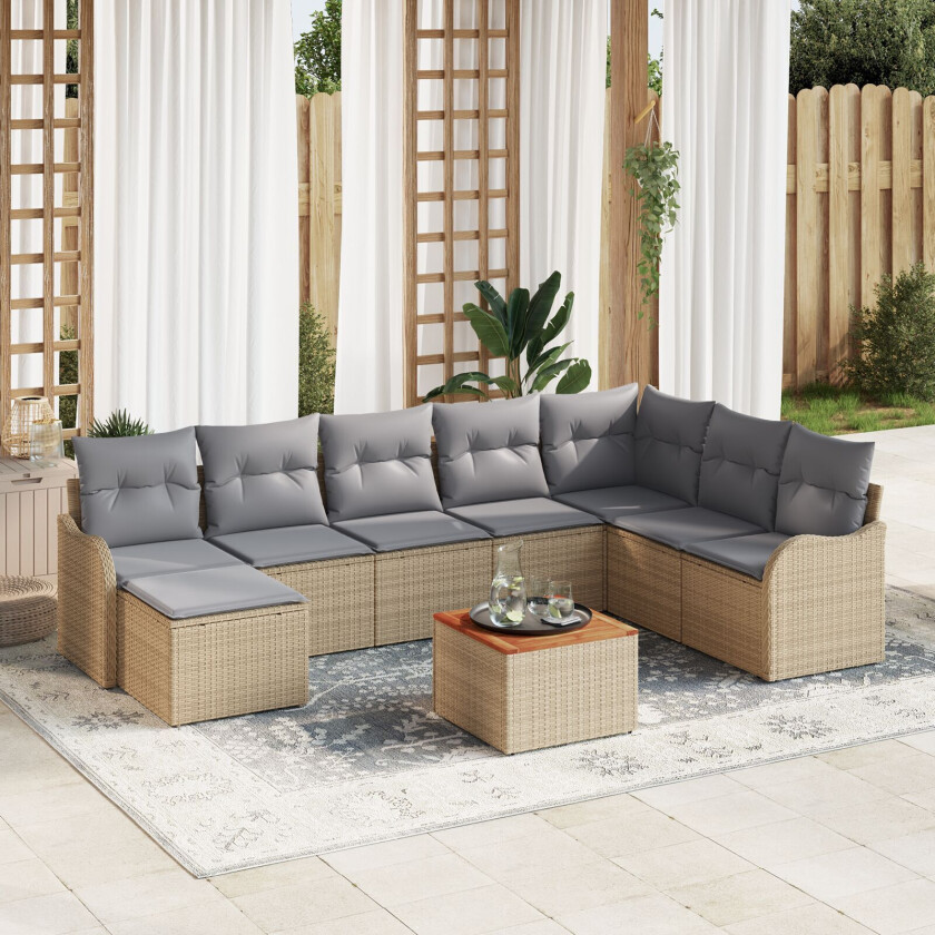 9 Delers Hage Sofagruppe med Puter Beige Poly Rattan Akacia, 2-seters Hage Sofa med Puter Beige Poly Rattan