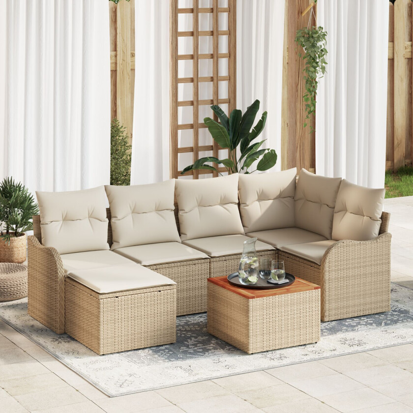 7 Delt Hagemøbelsett med Puter Beige Poly Rattan Akasie, 2-seters Hagesofa med Oppbevaring & Puter Beige Poly Rattan