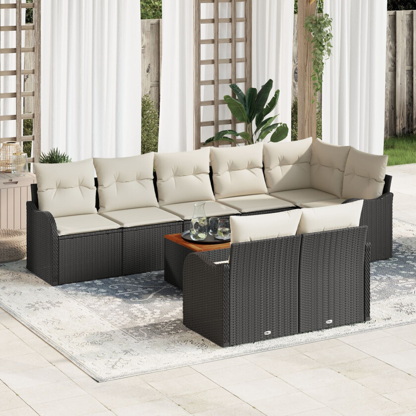 9 delt hagesofa sett med puter i svart poly rattan akacia, 2-seters hagesofa med oppbevaring & puter i svart poly rattan