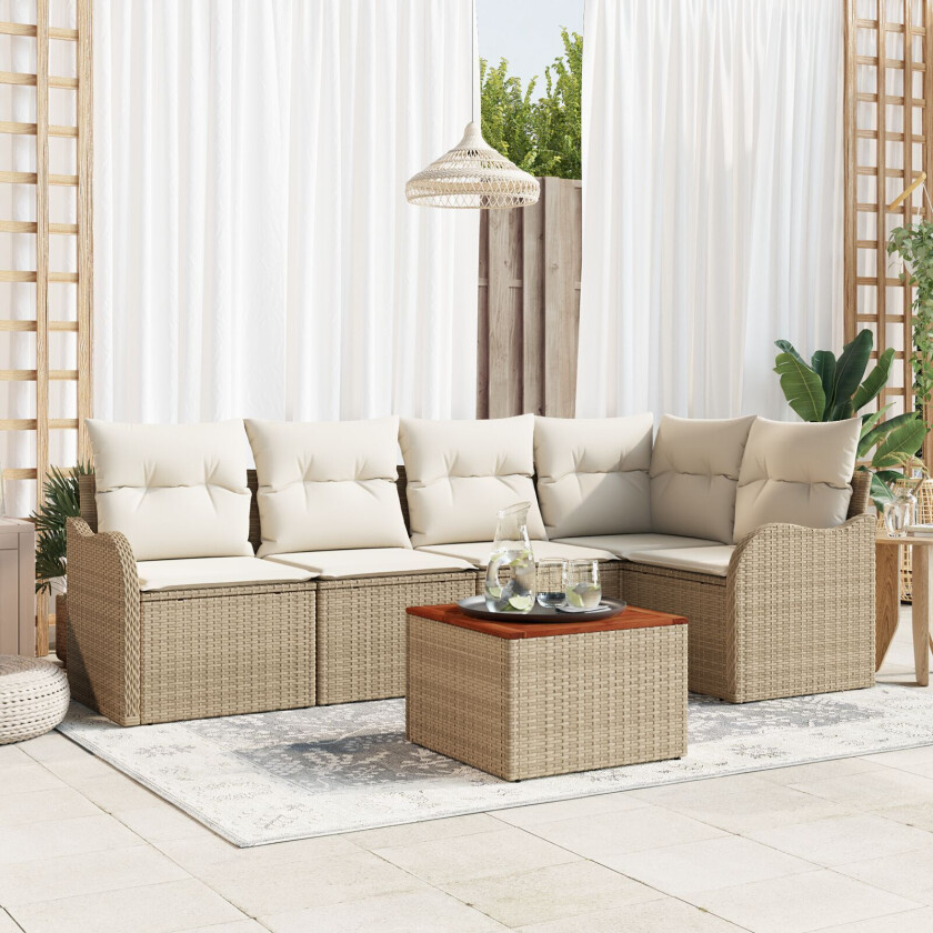 6-delt Hage Sofa Set med Puter Beige Poly Rottingsakacia, 2-seters Hage Sofa med Oppbevaring & Puter Beige Poly Rottings